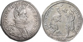 Cosimo II de’Medici, 1609-1621. 

Piastra 1609, AR 32,4 8g. COSMVS II MAGN DVX ETRVR IIII Busto corazzato e drappeggiato a d., con collare alla spag...