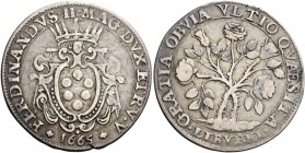 Livorno. 

Quarto di pezza della rosa 1665, AR 6,40 g. FERDINANDVS II MAG DVX ETR V Stemma coronato entro cartella ornata; sotto, nel giro, 1665. Rv...