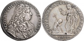 Cosimo III de’Medici, 1670-1723. 

Mezza piastra 1676, AR 15,53 g. COSMVS III D G MAG DVX ETRVR VI Busto drappeggiato e corazzato a d. Rv. S IOANNES...