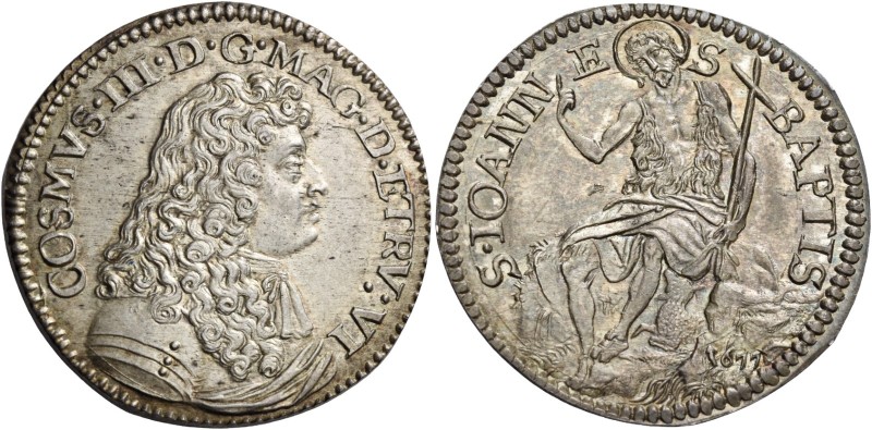 Cosimo III de’Medici, 1670-1723. 

Testone 1677, AR 8,88 g. COSMVS III D G MAG...