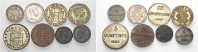 Lotto di otto monete. Leopoldo II di Lorena, 1824-1859. 

Mezzo fiorino 1827, Galeotti XIII. Mezzo paolo 1857, Galeotti XVII. Da 10 quattrini 1827, ...