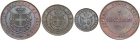 Lotto di tre monete. Vittorio Emanuele II re eletto, 1859-1861. 

Da 5 centesimi 1859, Pagani 445. Da 2 centesimi 1859, Pagani 446. Centesimo 1859, ...