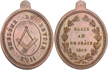 Orients de Province. 

BLOIS, Loggia Massonica di Blois non definita 1808, gettone Æ 11,80 g. Ø 31,2 x 26,4mm [2,1mm D/ EMBLÉME*DU*DEVOIR*3011 compa...