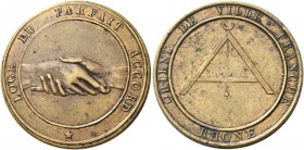 Rouen. 

VILLEFRANCHE-SUR-SAONE, Le Parfait Accord (1798-1812), gettone Æ 10,27 g. Ø 29,6mm [1,2mm D/ LOGE DU PARFAIT ACCORD * due mani giunte nel c...