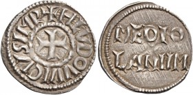 Milano. Ludovico il Pio imperatore e re d’Italia, 814-840. 

Denaro 819-822, AR 1,71 g. + HLVDOVVICVS IMP Croce patente accantonata da quattro globe...