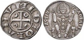 Milano. Prima Repubblica, 1250-1310. 

Ambrosino o grosso da 8 denari, AR 2,89 g. MEDIOLANV Croce patente accantonata da quattro crescenti. Rv. SCS ...