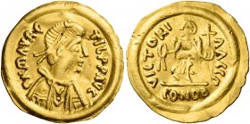Pavia. Emissioni anonime longobarde a nome dell’imperatore d’Oriente Maurizio Tiberio, 582-602. 

Monetazione pseudo-imperiale. Semisse, AV 2,18 g. ...
