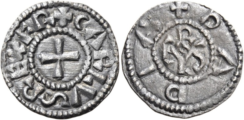 Pavia. Carlo Magno re dei Franchi, 774-814. 

Denaro, AR 1,55 g. + CARLVS REX ...