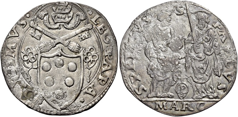 Ancona. Leone X (Giovanni de’Medici), 1513-1521. 

Giulio, AR 3,54 g. LEO PAPA...