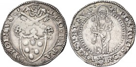 Ancona. Leone X (Giovanni de’Medici), 1513-1521. 

Mezzo giulio, AR 1,81 g. LEO PAPA – DECIMVS Stemma sormontato da triregno e chiavi decussate entr...