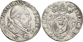 Ancona. Gregorio XIII (Ugo Boncompagni), 1572-1585. 

Testone, AR 9,49 g. GREGORIVS XIII PONT M Busto a d. con piviale ornato; sotto, nel giro, ANCO...