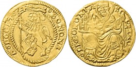 Bologna. Giovanni II Bentivoglio, 1463-1503. 

Doppio bolognino, AV 6,96 g. BONONI – A DOCET Leone vessillifero rampante entro cornice quadrilobata;...