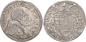Bologna. Innocenzo XI (Benedetto Odescalchi), 1676-1689. 

Testone 1683, AR 9,05 g. INNOCENTIVS XI PON MAX Busto a d., con piviale ornato; sotto, G·...