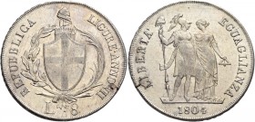 Genova. Repubblica Ligure, 1798-1805. 

Da 8 lire anno VII/1804. Pagani 13.
Rara. Insignificante frattura del tondello sul bordo, altrimenti Spl