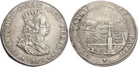 Livorno. Cosimo III de’Medici, 1670-1723. 

Tollero 1692, AR 26,93 g. COSMVS III D G MAG DVX ETRVR VI Busto radiato e drappeggiato a d.; sotto, nel ...