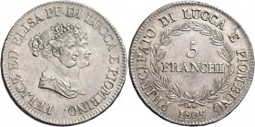 Lucca. Elisa Bonaparte e Felice Baciocchi, 1805-1814. 

Da 5 franchi 1805. Pagani 251. MIR 244.
Segnetti al dr., altrimenti q.Spl / Spl