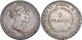 Lucca. Elisa Bonaparte e Felice Baciocchi, 1805-1814. 

Da 5 franchi 1808. Pagani 254. MIR 244/4.
Patina di medagliere, q.Spl