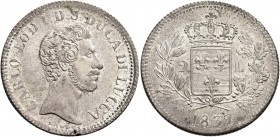 Lucca. Carlo Lodovico di Borbone, 1824-1847. 

Da 2 lire 1837. Pagani 261. MIR 258.
q.Fdc