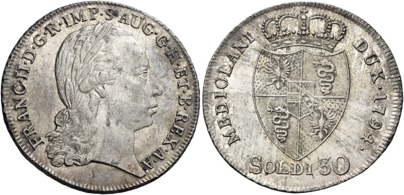 Milano. Francesco II d’Asburgo-Lorena, 1792-1796. 

Da 30 soldi 1794, AR 7,29....