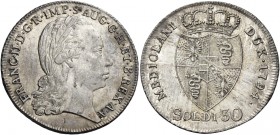 Milano. Francesco II d’Asburgo-Lorena, 1792-1796. 

Da 30 soldi 1794, AR 7,29. FRANC II D G R IMP S AUG G H ET B REX A A Testa laureata a d. Rv. MED...