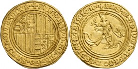 Napoli. Alfonso I d’Aragona, 1442-1458. 

Sesquiducato o da un ducato e mezzo, AV 5,27 g. ALFONSVS D G R ARAGO SICILI CITR VLTR Stemma quadripartito...