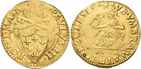 Parma. Paolo III (Alessandro Farnese), 1534-1549. 

Scudo, AV 3,32 g. PAVLVS III – PONT MAX Stemma sormontato da triregno e chiavi decussate con cor...