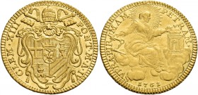 Roma. Clemente XIII (Carlo Rezzonico), 1758-1769. 

Zecchino anno IV/1762, AV 3,42 g. CLEM XIII – PONT M A IV Stemma sormontato da triregno e chiavi...