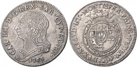 Savoia. Carlo Emanuele III, 1730-1773. II periodo: nuova monetazione, 1755-1773. 

Quarto di scudo 1765, AR 8,34 g. CAR EM D G REX SAR CYP ET IER Bu...