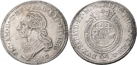Savoia. Vittorio Amedeo III, 1773-1796. 

Mezzo scudo 1792, AR 17,56 g. VIC AM D G REX SAR CYP ET IER Busto a s.; sotto, 1792. Rv. DVX SABAVD ET MON...