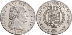 Savoia. Vittorio Emanuele I, 1802-1821. 

Da 5 lire 1820. Pagani 14. MIR 1030e.
Spl