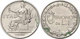 Savoia. Vittorio Emanuele III re d’Italia, 1900-1946. 

Buono da 1 lira 1926. Per numismatici. Pagani 779. MIR 1148e.
Raro. Tracce di ossidazione, ...