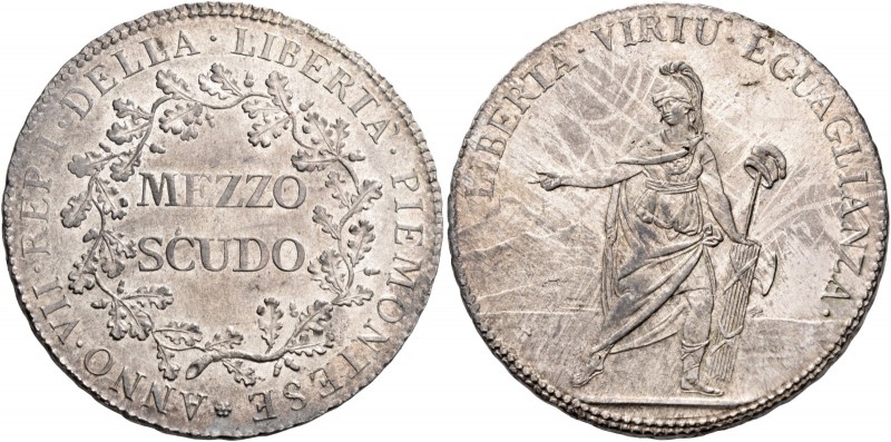 Torino. Repubblica Piemontese, 1798-1799. 

Mezzo scudo anno VII (1798). Pagan...