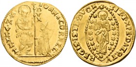 Venezia. Giovanni II Corner, 1709-1722. 

Zecchino, AV 3,49 g. IOAN CORNEL – S M VENET S. Marco nimbato, stante a s., porge il vessillo al doge genu...