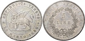 Venezia. Governo provvisorio, 1848. 

Da 5 lire 1848 (22 marzo). Pagani 177.
Fondi lucenti, Spl