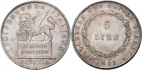 Venezia. Governo provvisorio, 1848. 

Da 5 lire 1848 (11 agosto). Pagani 178.
Fondi lucenti, Spl