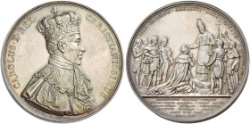 Francia. Carlo X, 1824-1830. 

Medaglia 1825, AR 72,91 g. Ø 50,9 mm. Per la consacrazione a Reims a re dei francesi (opus: E. Gatteaux). CAROLUS X R...