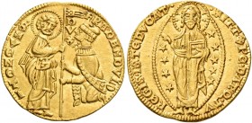 Francesco Dandolo, 1329-1339. 

Ducato, AV 3,55 g. FRA DANDVLO – SM VENETI S. Marco nimbato, stante a s., porge il vessillo al doge genuflesso; lung...
