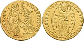 Giovanni Dolfin, 1356-1361. 

Ducato, AV 3,53 g. •IO DELPhyNO – •S•M•VENETI• S. Marco nimbato, stante a s., porge il vessillo al doge genuflesso; lu...