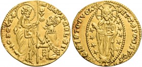 Lorenzo Celsi, 1361-1365. 

Ducato, AV 3,50 g. LAVR•CELSI – SM VENETI S. Marco nimbato, stante a s., porge il vessillo al doge genuflesso; lungo l’a...
