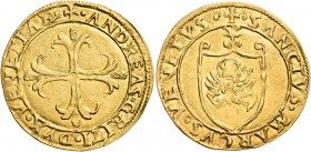 Andrea Gritti, 1523-1538. 

Scudo, AV 3,39 g. + ANDREAS GRITI DVX VENETIAR Croce ornata e fiorata. Rv. + SANCTVS MARCVS VENETVS Leone in soldo, entr...
