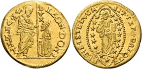 Leonardo Donà, 1606-1612. 

Zecchino, AV 3,49 g. LEON DONAT – S M VENET S. Marco nimbato, stante a s., porge il vessillo al doge genuflesso; lungo l...