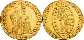 Francesco Molin, 1646-1655. 

Da 10 zecchini, AV 34,46 g. FRANC MOLINO – S M VENET S. Marco nimbato, stante a s., porge il vessillo al doge genufles...