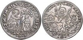 Marc’Antonio Giustinian, 1684-1688. 

Osella anno II (1685), AR 9,61 g. S M V M ANT IVSTINIANVS S. Marco seduto in trono a s., porge il vessillo al ...