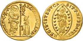 Alvise II Mocenigo, 1700-1709. 

Zecchino, AV 3,49 g. ALOY MOCENI – S M VENET S. Marco nimbato, stante a s., porge il vessillo al doge genuflesso; l...