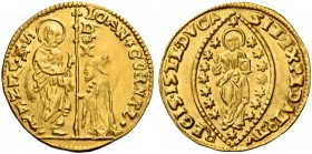 Giovanni II Corner, 1709-1722. 

Zecchino, AV 3,49 g. IOAN CORNEL – S M VENET S. Marco nimbato, stante a s., porge il vessillo al doge genuflesso; l...