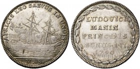Ludovico Manin, 1789-1797. 

Osella anno II/1790, AR 9,85 g. AFRICIS LEO SAEVUS IN UNDIS Nave da guerra veneziana cannoneggia un vascello battente b...
