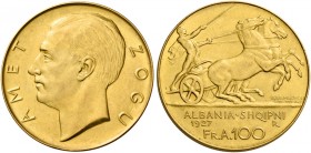 Monete d’oro europee. Albania. Repubblica. Presidente Amet Zogu, 1925-1939. 

Da 100 franga 1927 Roma, AV 32,21 g. Friedberg 1.
Migliore di Spl