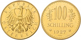 Monete d’oro europee. Austria. Repubblica, dal 1918. 

Da 100 scellini 1927 Vienna, AV 23,50 g. Friedberg 520. Herinek 91. Jaeger 437.
q.Fdc