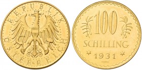 Monete d’oro europee. Austria. Repubblica, dal 1918. 

Da 100 scellini 1931 Vienna, AV 23,51 g. Friedberg 520. Herinek 10. Jaeger 437.
q.Fdc