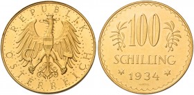 Monete d’oro europee. Austria. Repubblica, dal 1918. 

Da 100 scellinni 1934 Vienna, AV 23,54 g. Friedberg 520. Herinek 12. Jaeger 437.
q.Fdc

Ex...